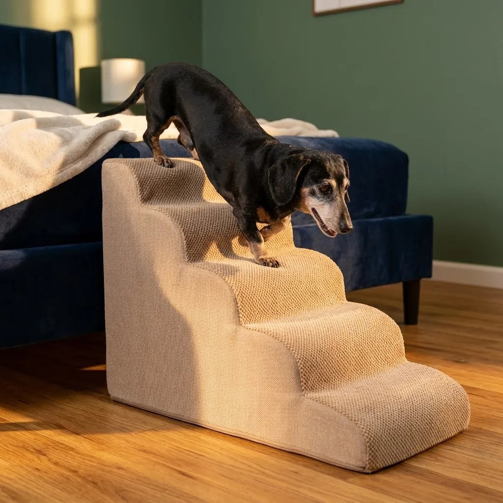 Small dogs and older dogs using the curved foam stairs