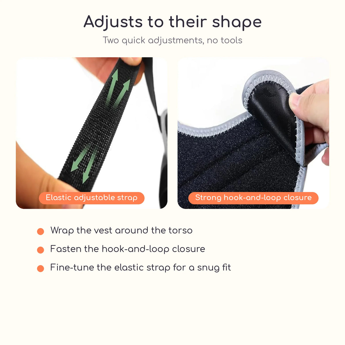 Elastic strap and hook-and-loop closure on the dog back support vest