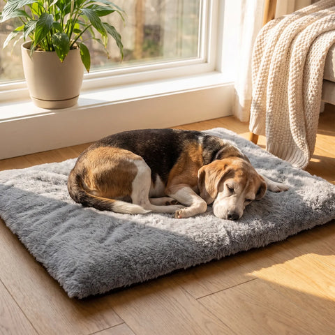 Senior Beagle asleep on a silver gray self-heating dog mat by a sunny window