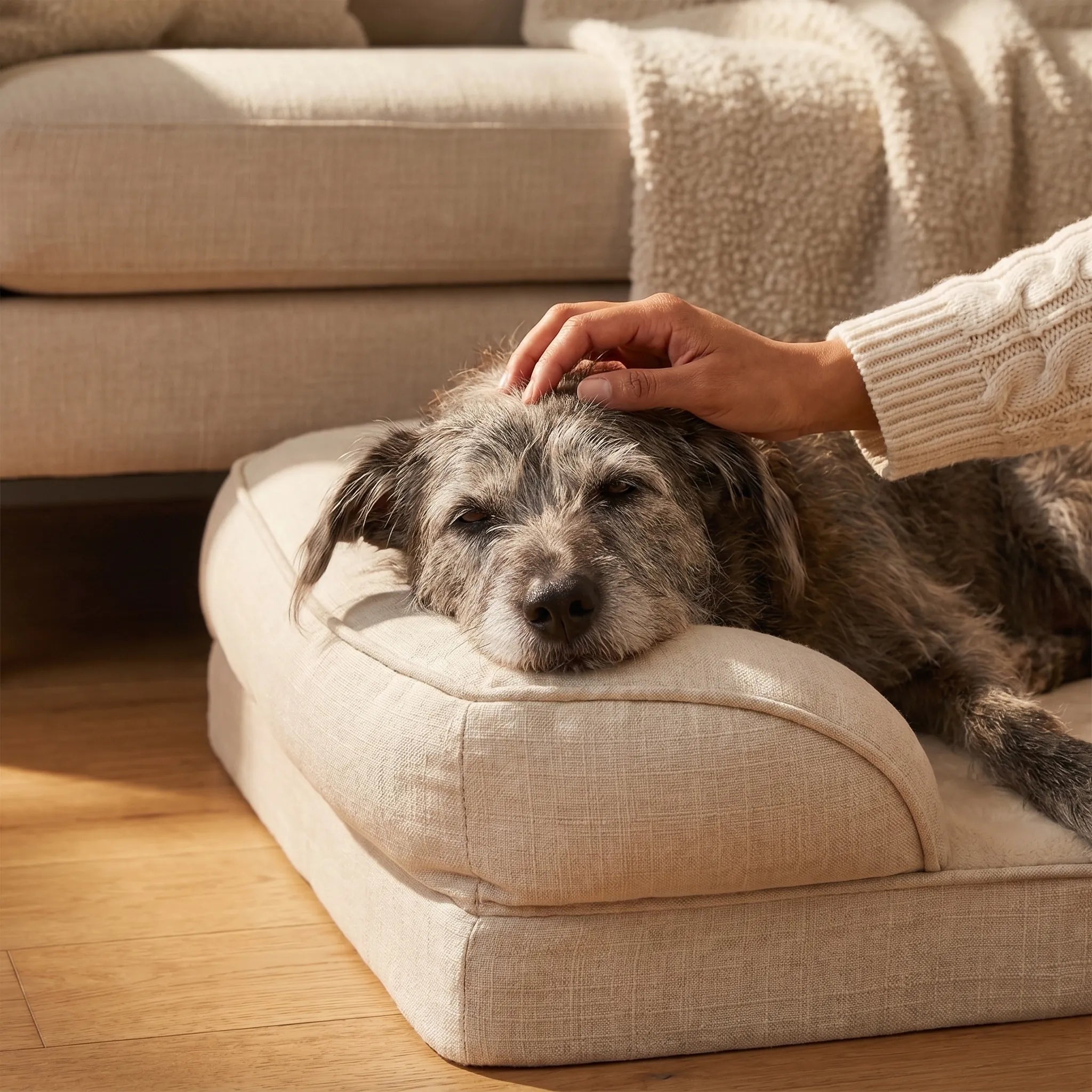 Terrier mix resting comfortably on a beige dog bed in a sunlit living room
