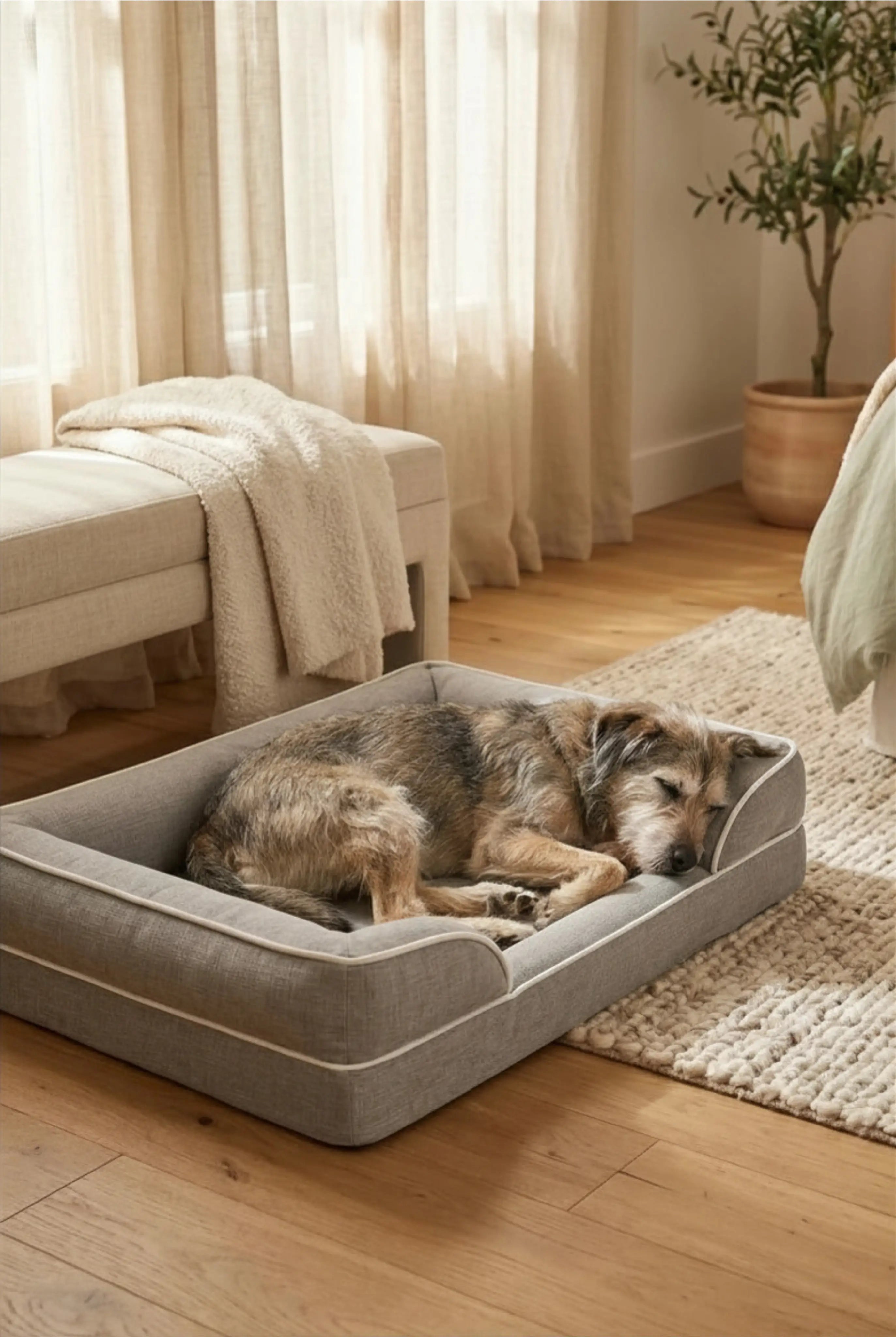 Senior dog resting on a memory foam dog bed