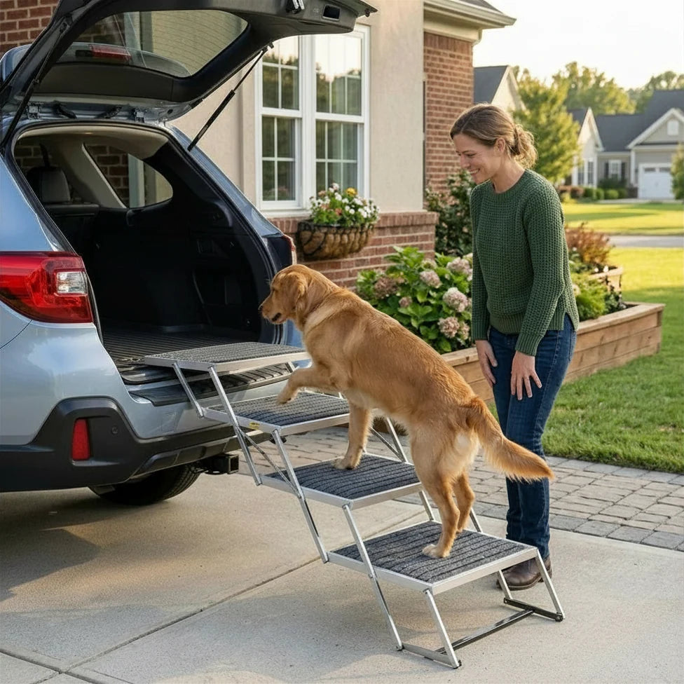 Dog using the Cushioned Canine foldable car steps