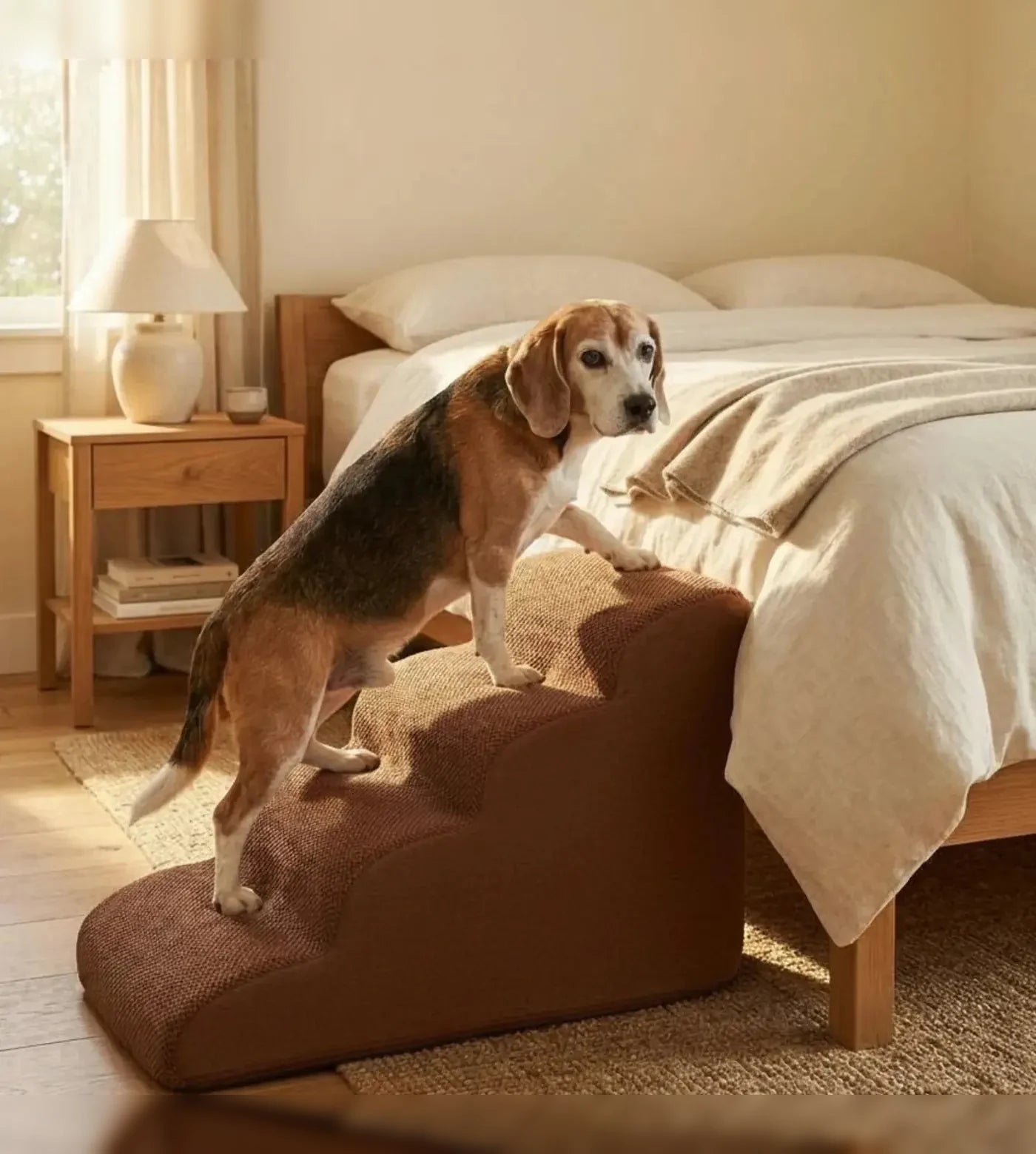 Beagle climbing curved foam stairs to a bed