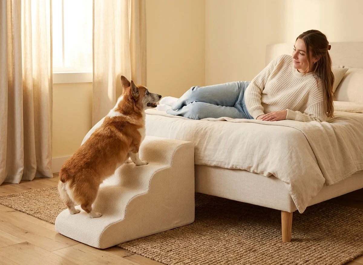 Dog using the Cushioned Canine foam stairs