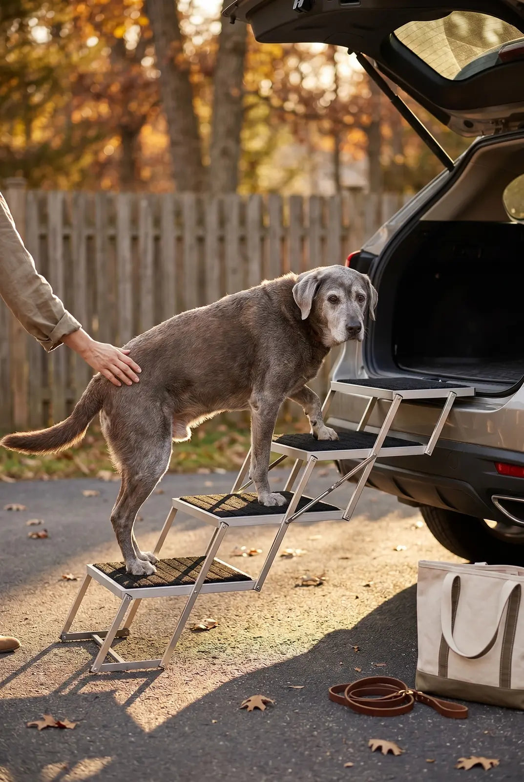 Senior dog stepping down from an SUV using portable folding stairs