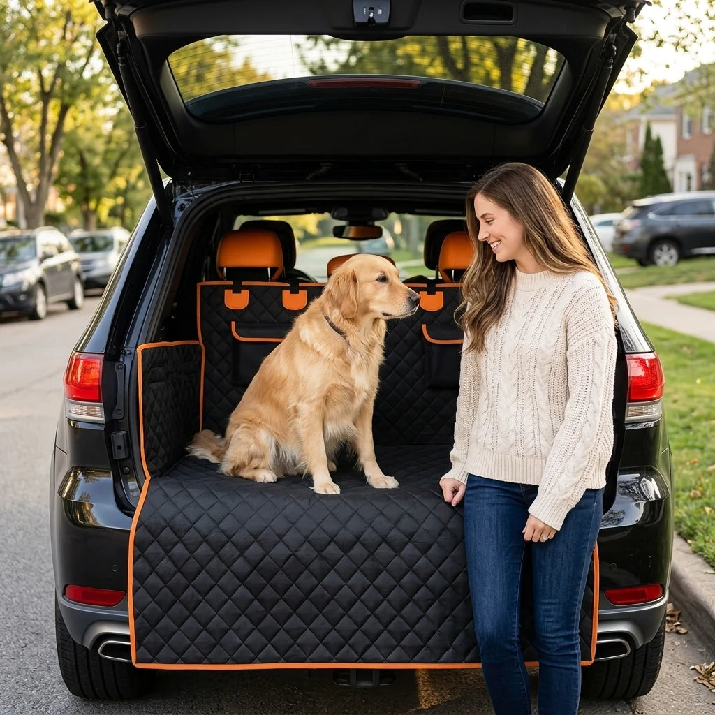 Woman smiling at her golden retriever sitting on a quilted black waterproof trunk mat with orange trim in an SUV