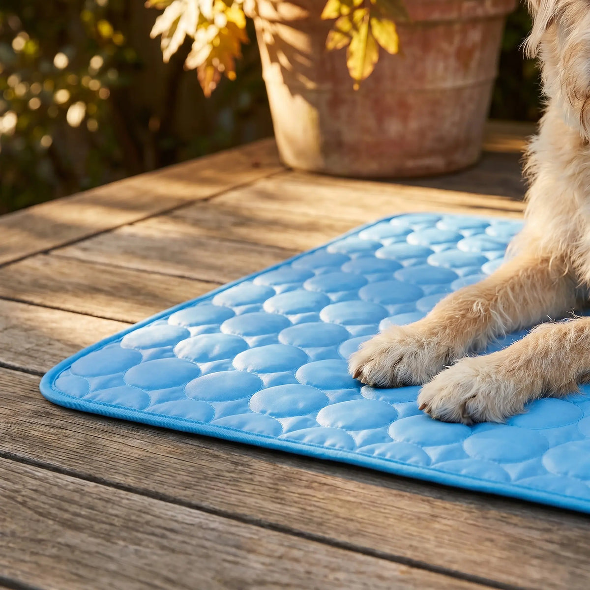 Golden retriever lying on a cooling mat outdoors