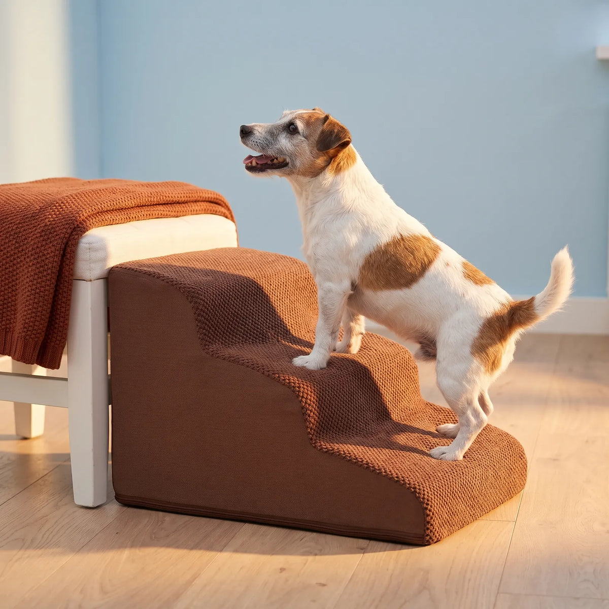 Small dog climbing curved foam stairs onto a bench
