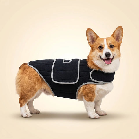 Corgi wearing the black dog back support vest with grey trim