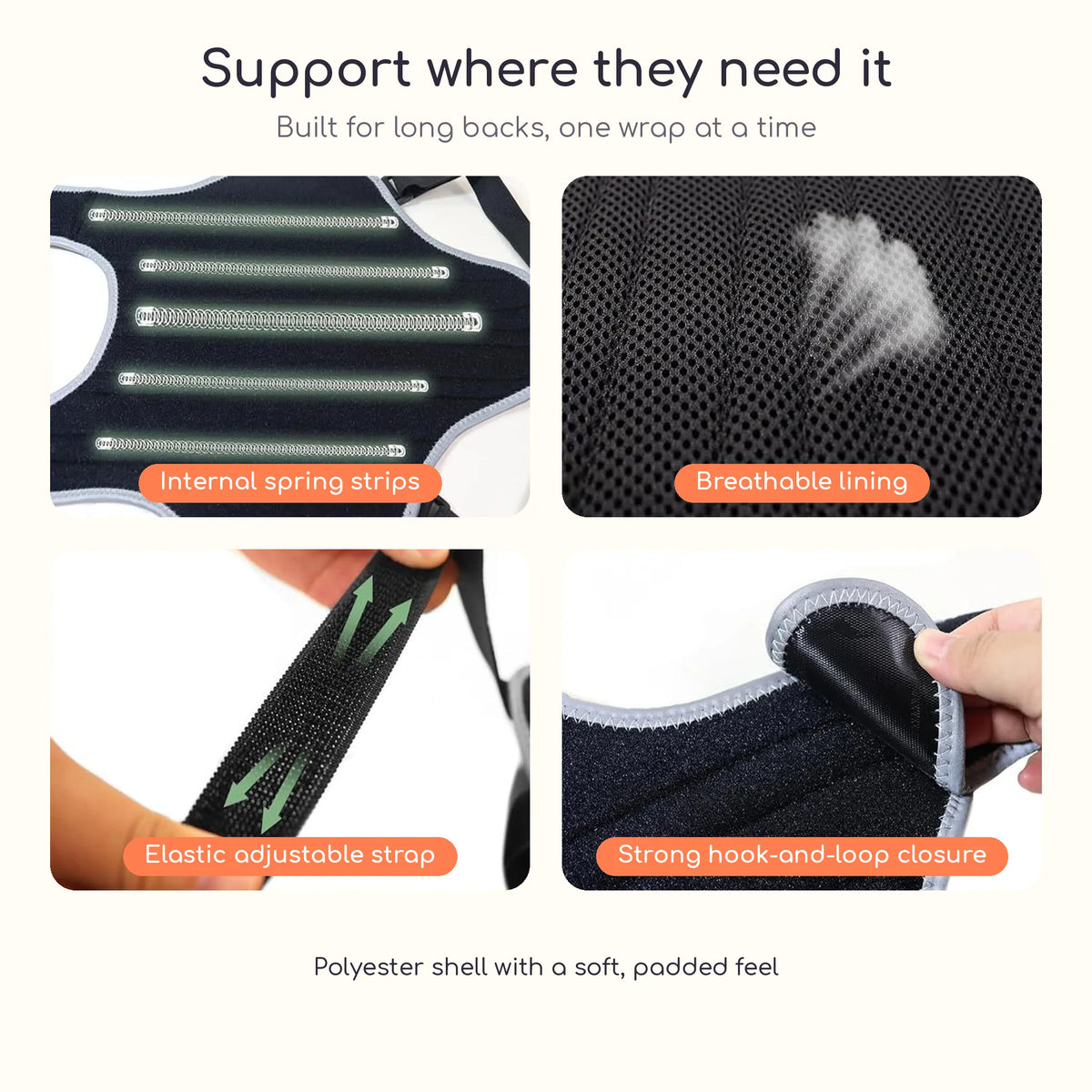 Close-ups of the vest: internal spring strips, breathable lining, elastic strap and hook-and-loop closure