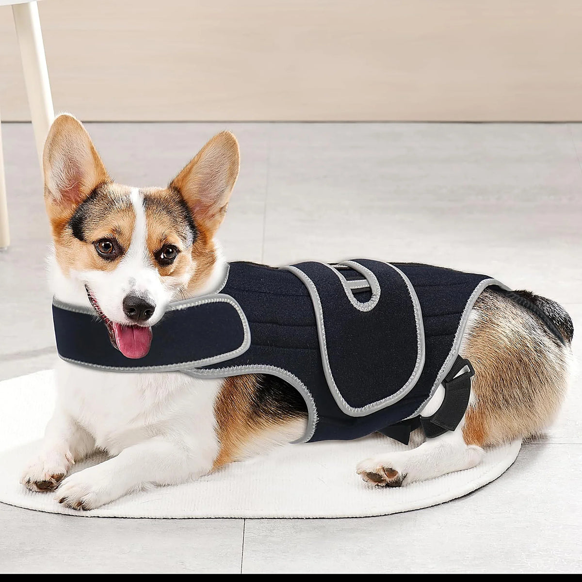 Dachshund, corgi, basset hound and schnauzer wearing the support vest
