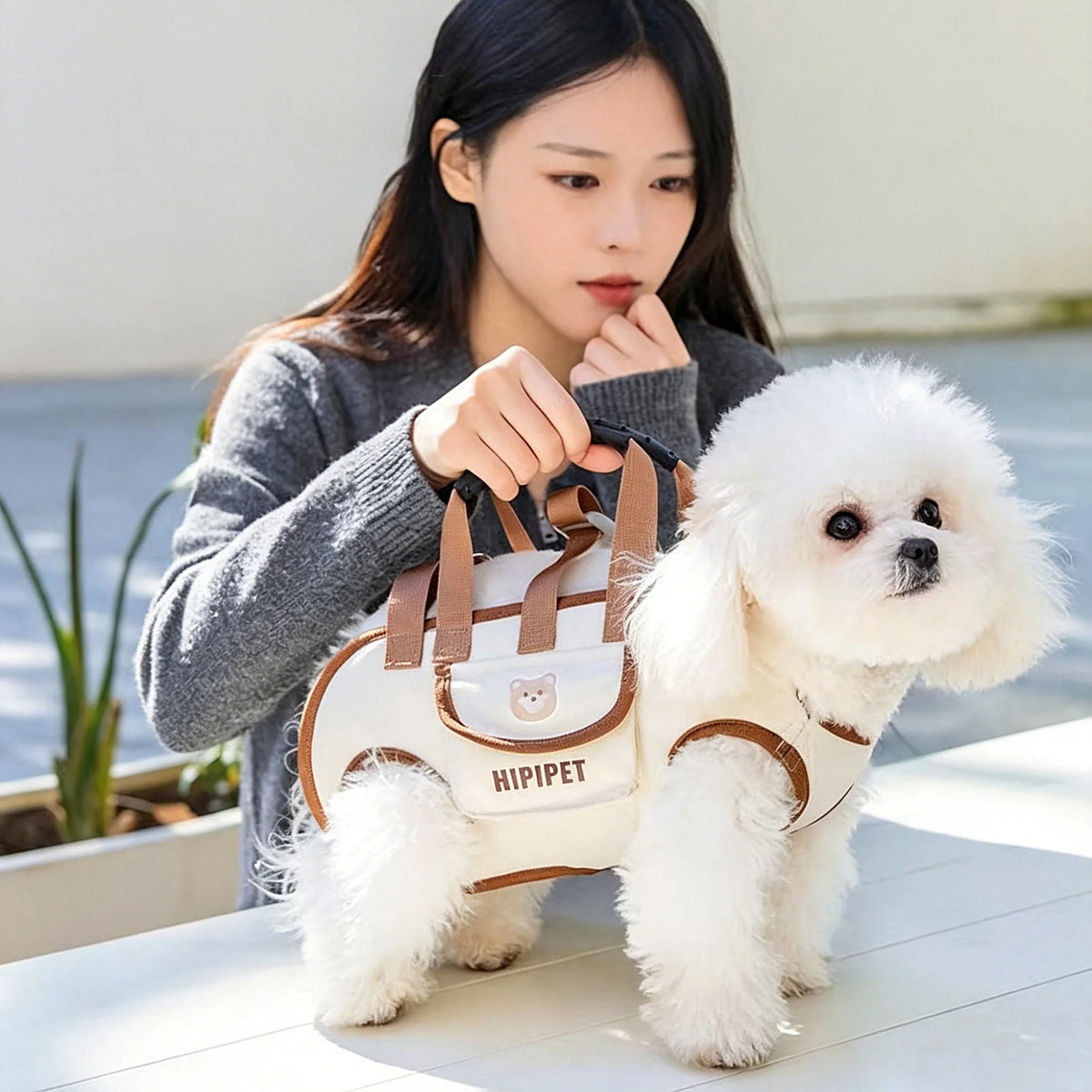 Woman holding a small white dog in the dog carrier sling bag by its handles