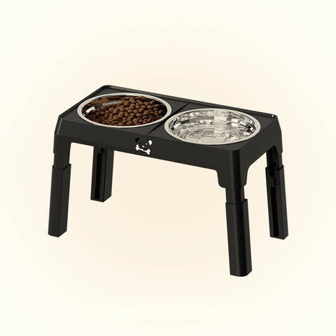Adjustable raised double dog bowl with stainless steel bowls