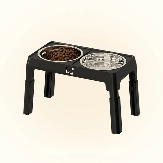 Adjustable raised double dog bowl with stainless steel bowls