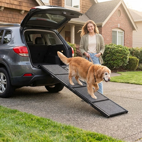 Senior golden retriever walking down a folding non-slip dog ramp from an SUV trunk while its owner watches