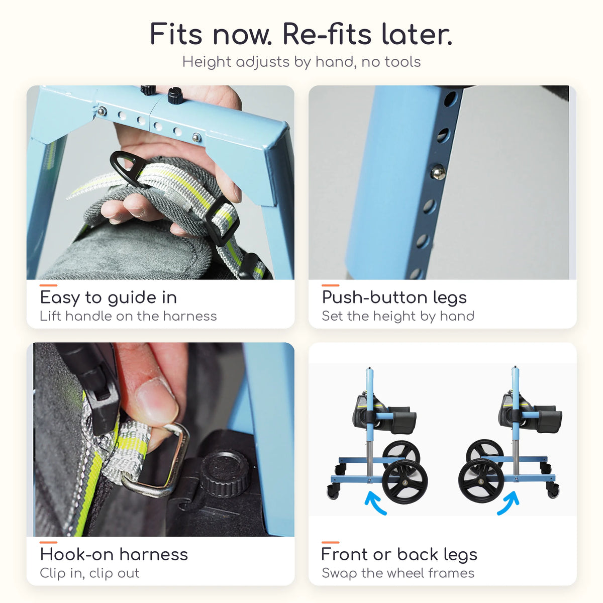 Close-ups of the dog wheelchair's lift handle, push-button legs, hook-on harness and swappable wheel frames