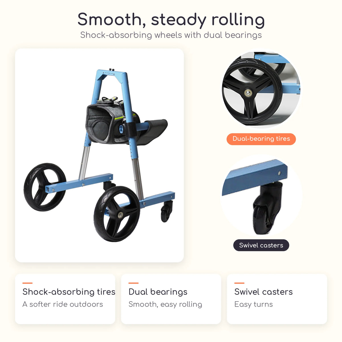 Dog walking in a front leg wheelchair on shock-absorbing wheels