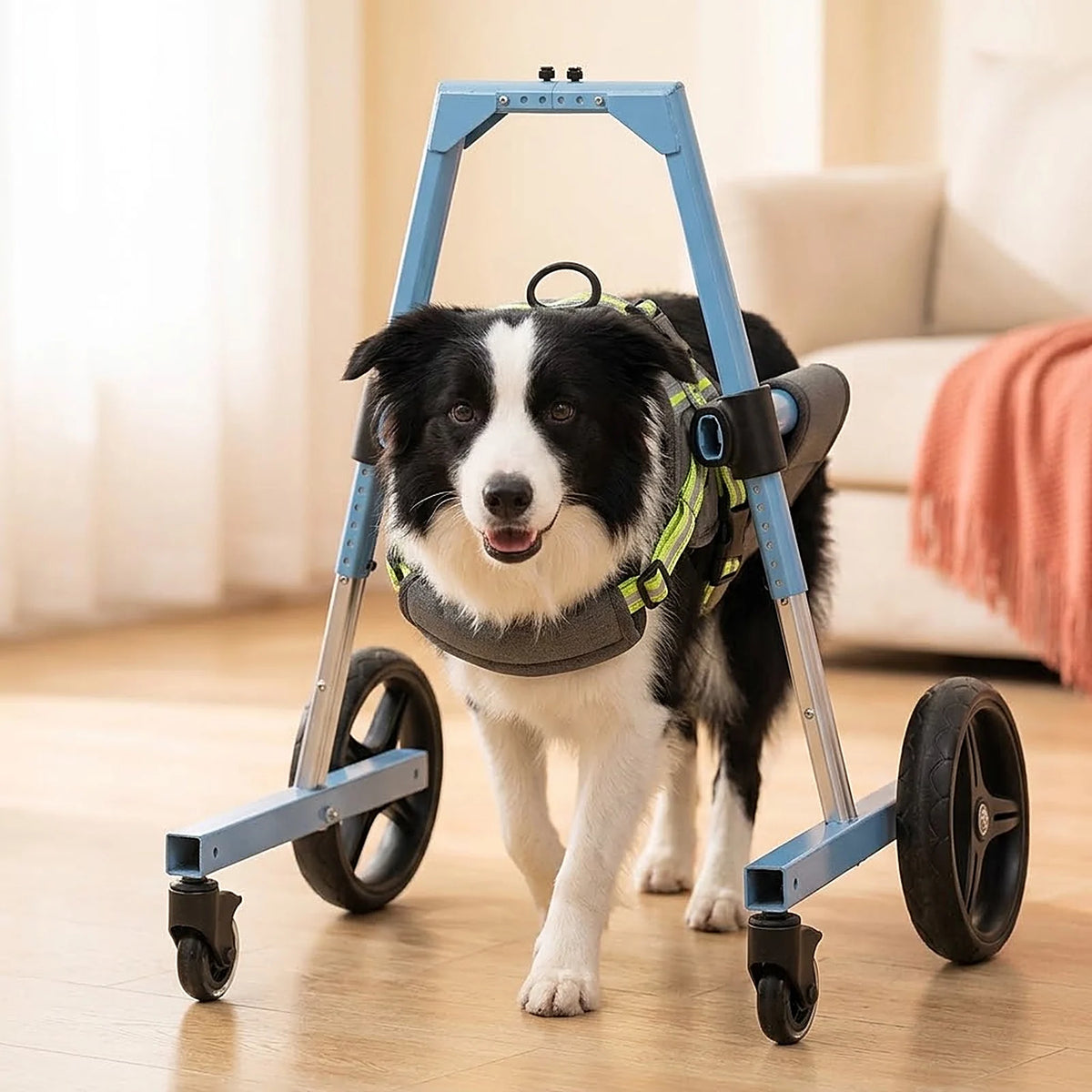 Border Collie standing at home in a front leg dog wheelchair