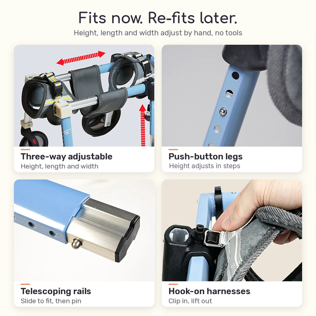 Close-ups of the dog wheelchair's push-button legs, telescoping rails and hook-on harnesses