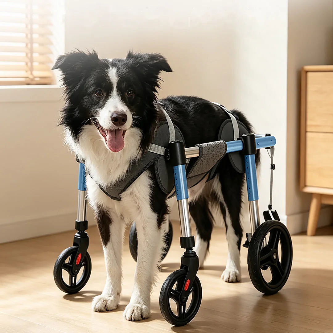 Border Collie standing at home in a 4 wheel dog wheelchair