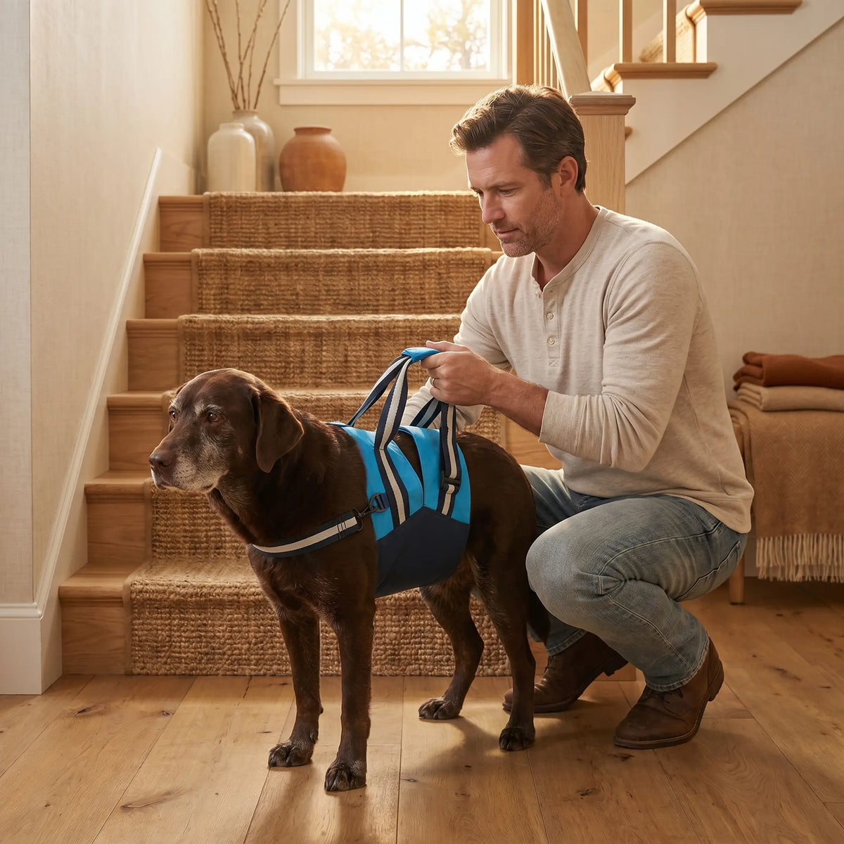 Dog wearing the lift harness while its owner holds the handle