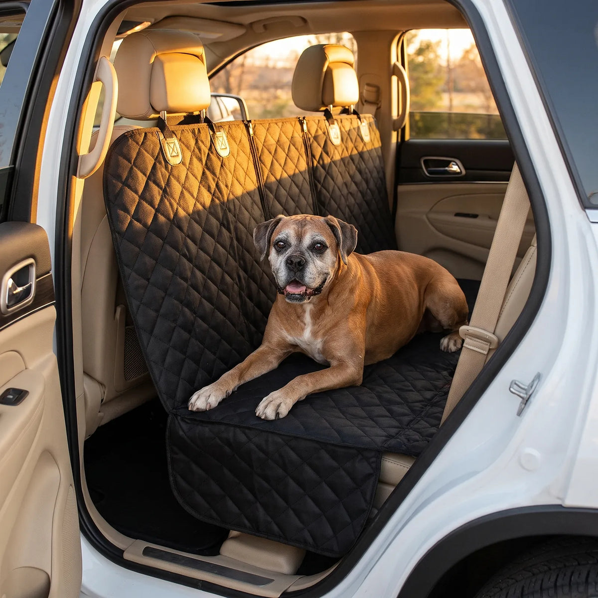 Dog resting on the waterproof rear car seat dog cover