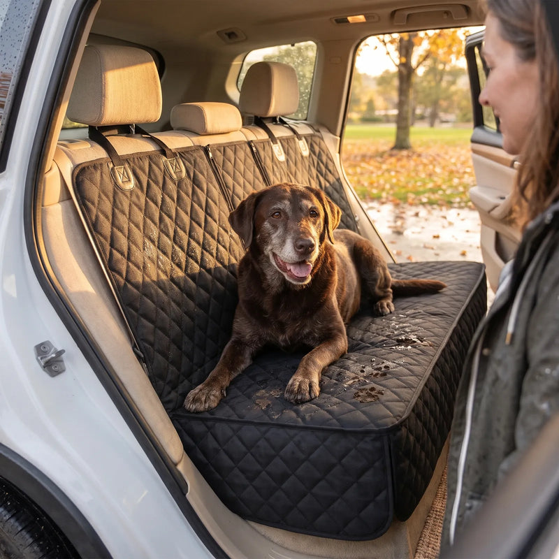 Muddy senior Labrador hopping onto a waterproof rear car seat dog cover after a walk