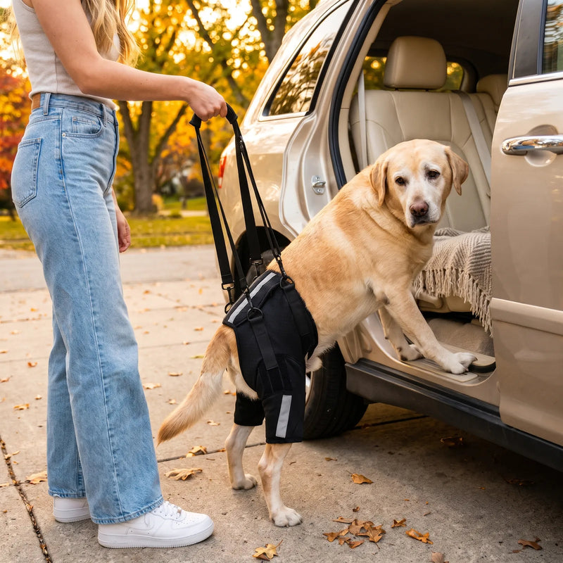 Senior yellow Labrador wearing a rear leg lift harness, lifted into a car by its owner