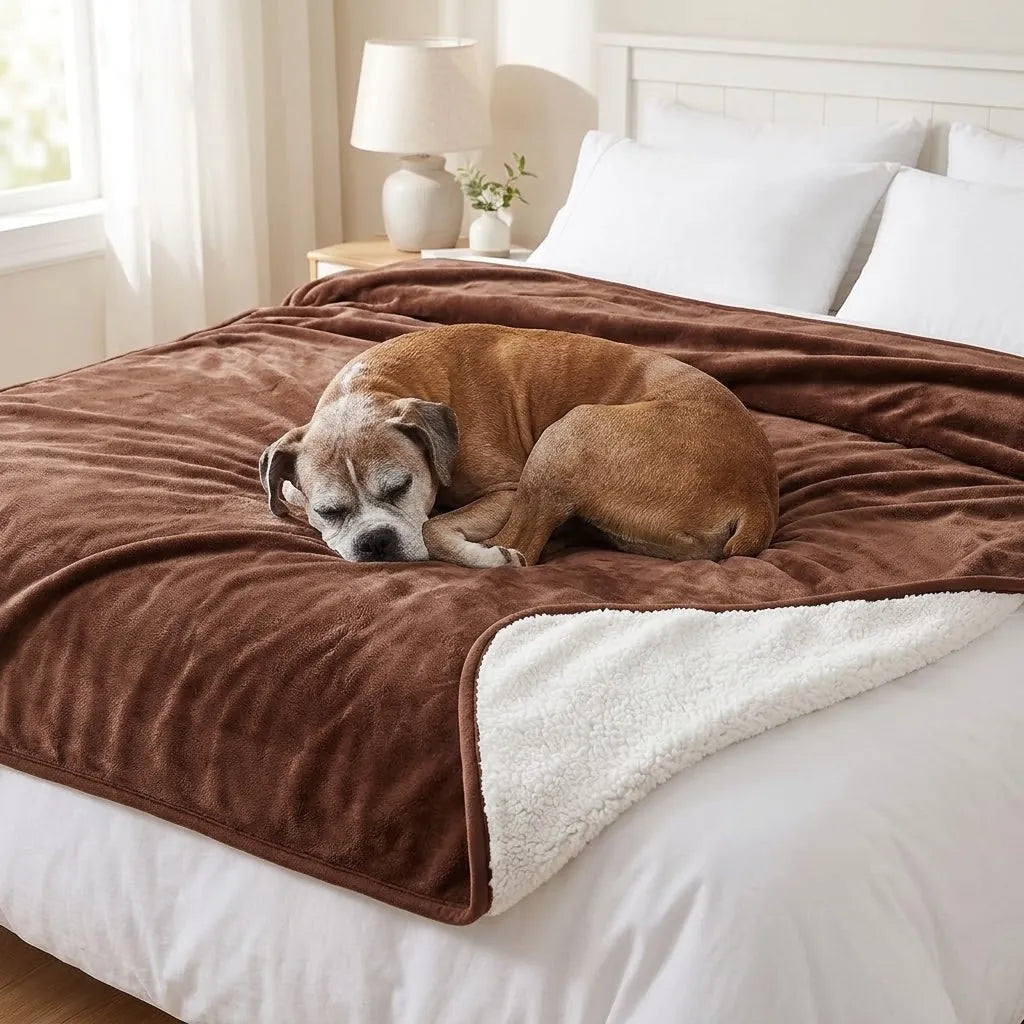 Dog lying on the plush sherpa pet blanket