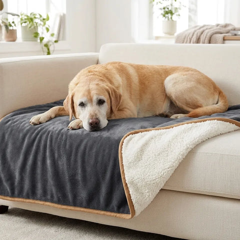 Senior yellow Labrador resting on a dark gray waterproof sherpa dog blanket on a cream sofa