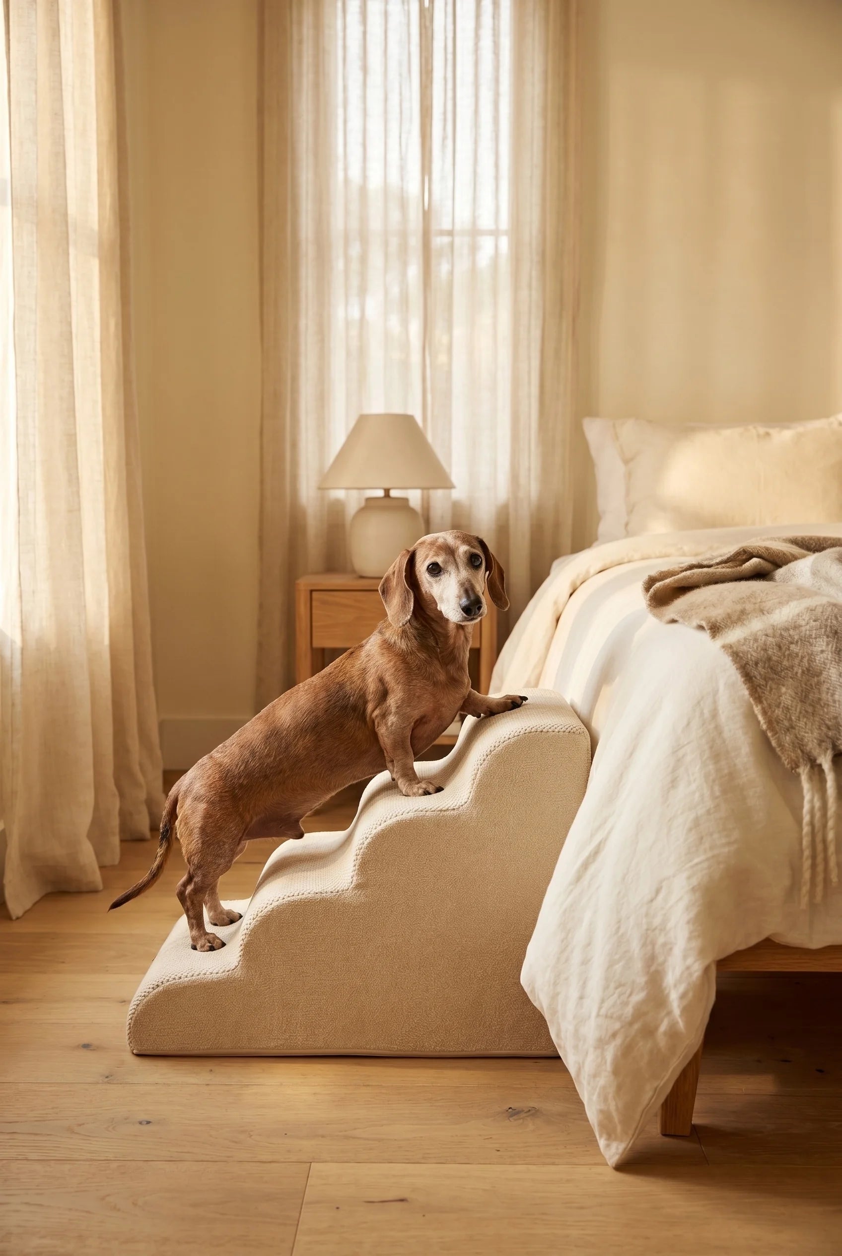 Senior dog using foam stairs at home