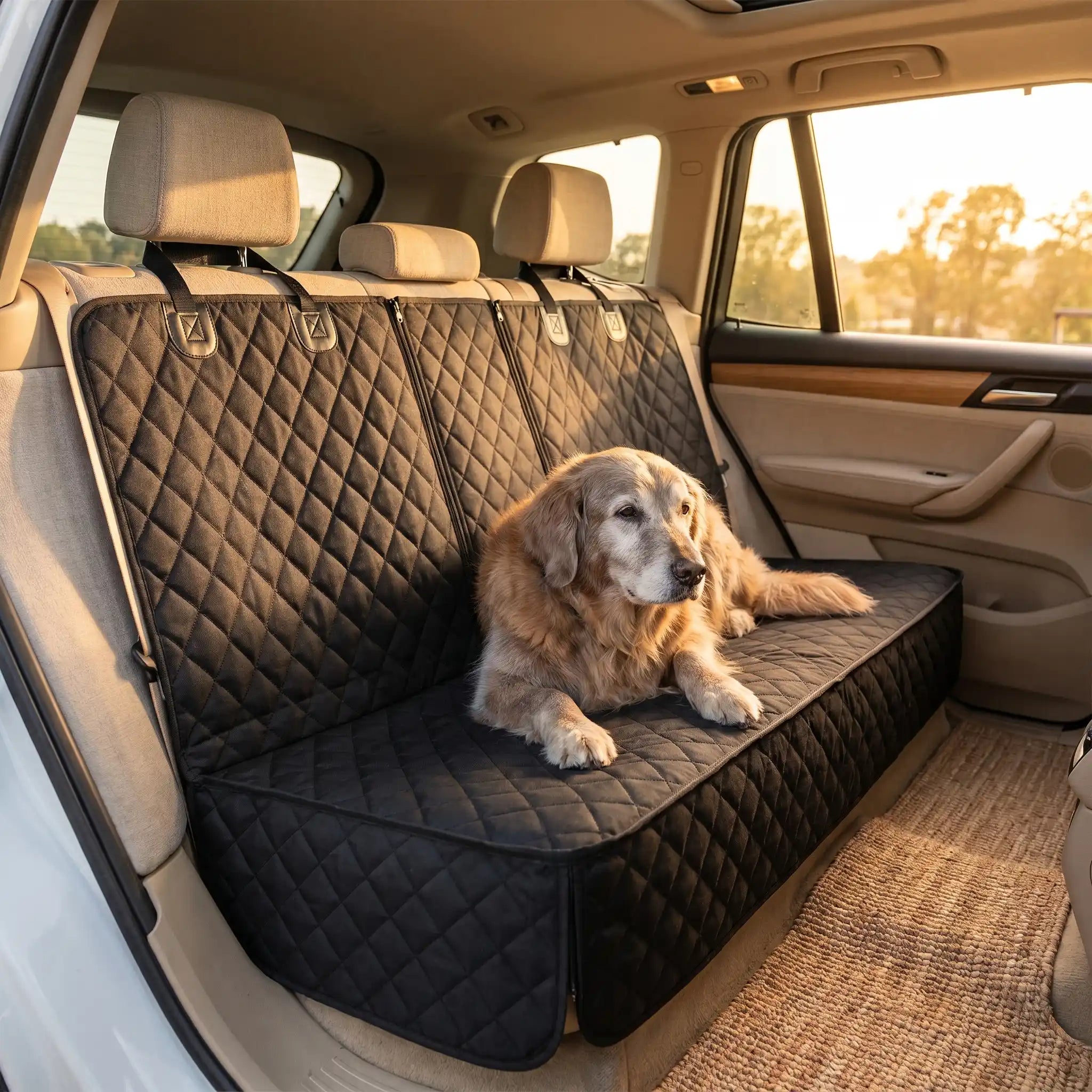 Dog riding on the Cushioned Canine Waterproof Car Seat Cover