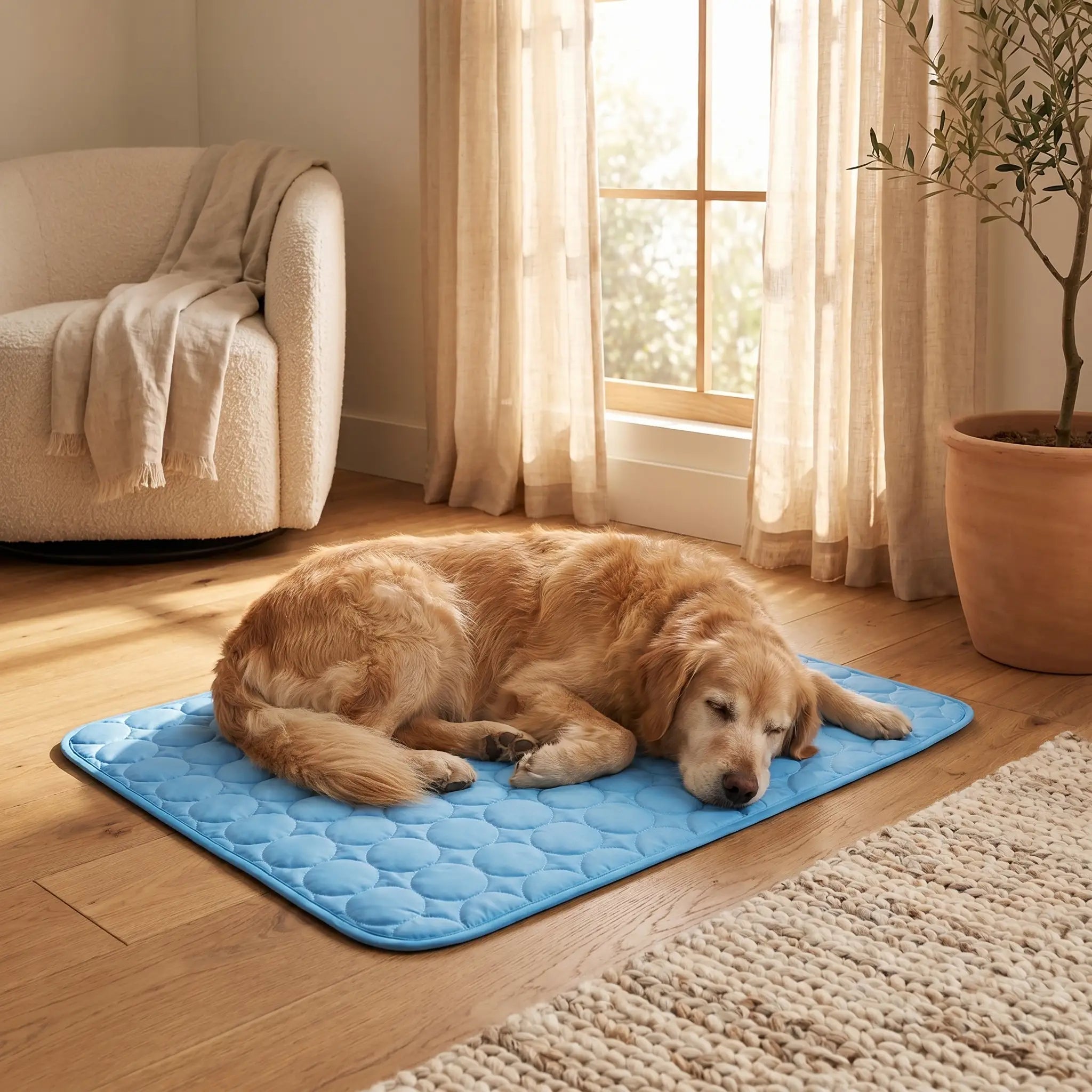 Dog resting on the Cushioned Canine Self-Cooling Pet Mat