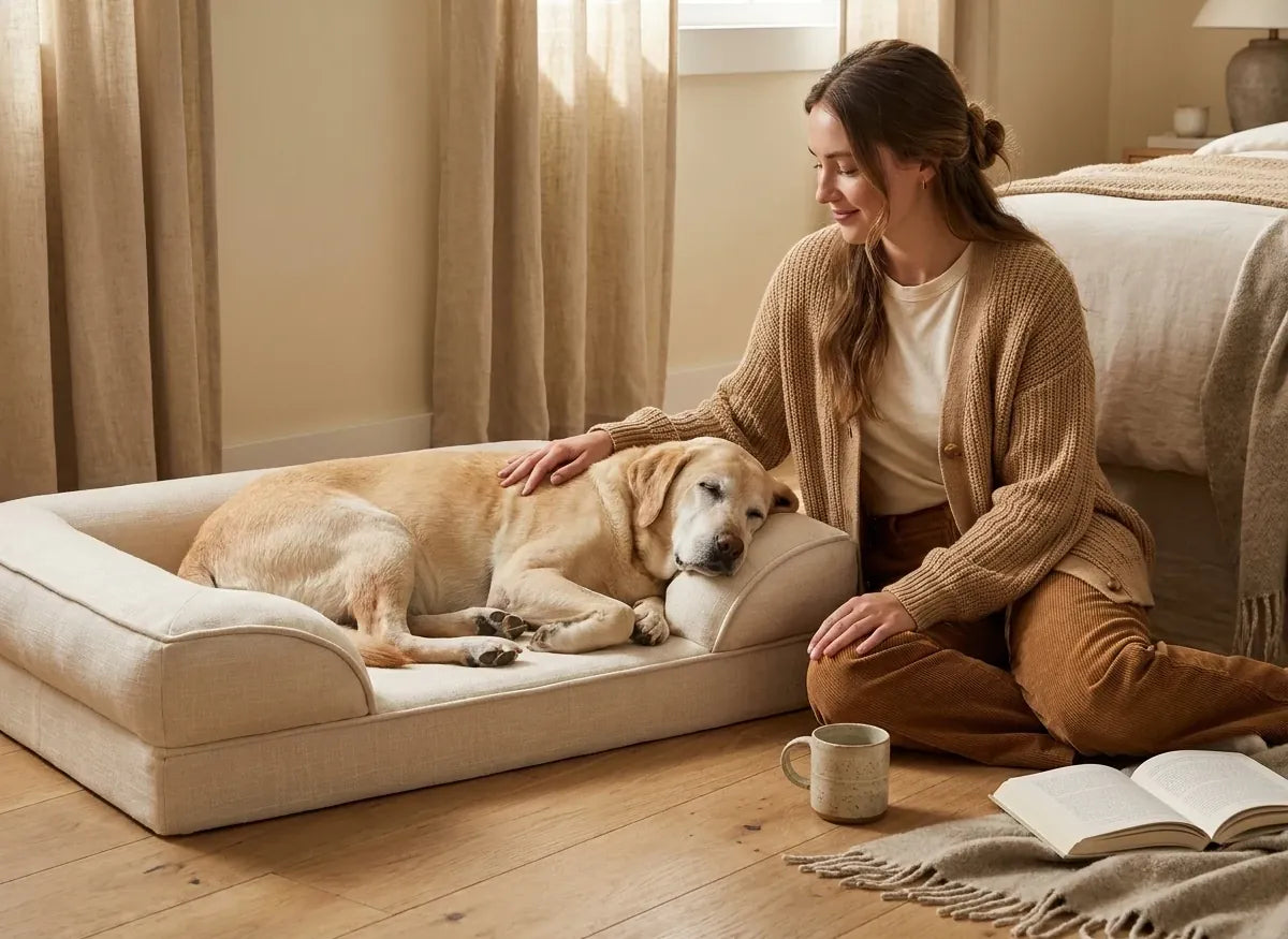 Dog resting on the Cushioned Canine memory foam bed