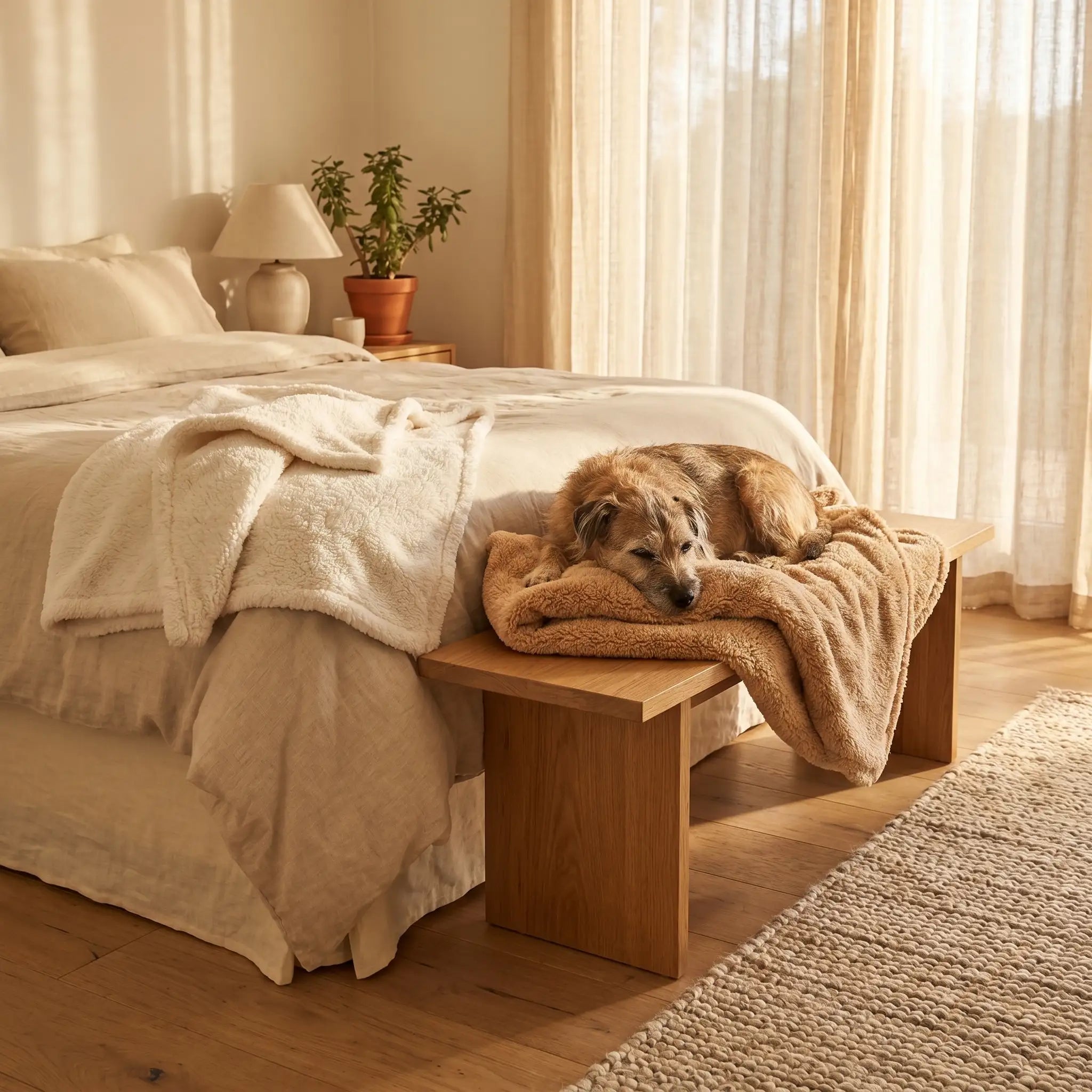 Dog curled up under the Cushioned Canine Plush Sherpa Pet Blanket